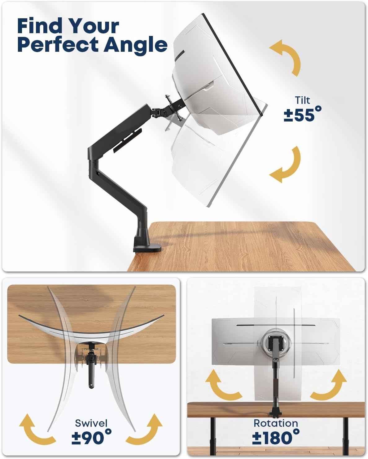 Ultrawide Monitor Arm fits 17-49 Inch Heavy Duty Flat/Curved Monitor | Cable Management, Full Motion, Gas Spring Arm, Holds 35.2 lbs with Clamp & Grommet Desk Mount, VESA 75/100mm, Black