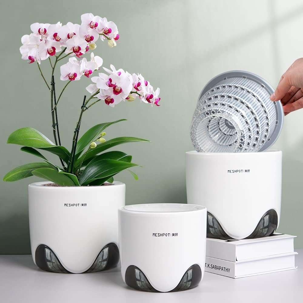5 inch Orchid Pots with Holes for Repotting with Excellent Airflow, Set of 3, Double Layer Plastic Imitate Ceramic Orchid Planter, Clear Orchid Pot Match Decorative Orchid Container