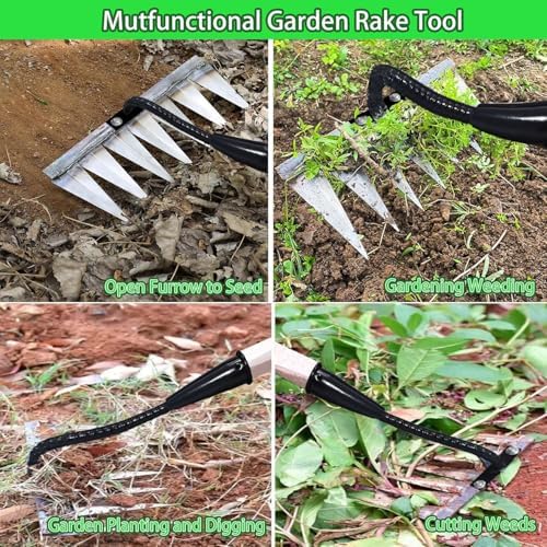 Iron Rake for Weeding, Garden Metal Rake Heavy Duty with 5 Tines