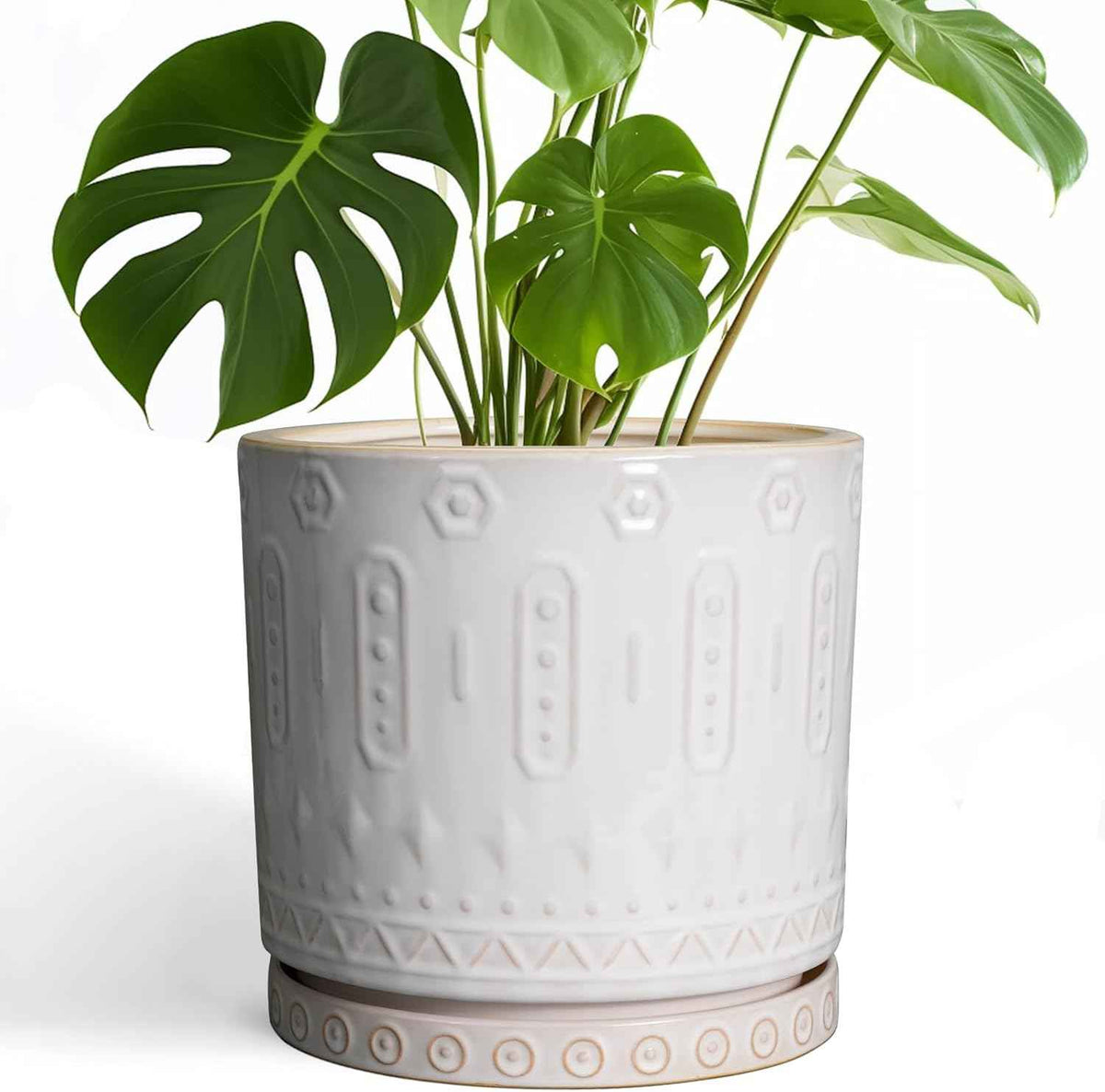 Ceramic Planter Pot - 10 Inch Plant Pot for Indoor Outdoor Plants Round Large Flower Pot with Drainage Holes and Saucer for Home Garden Patio Decor White