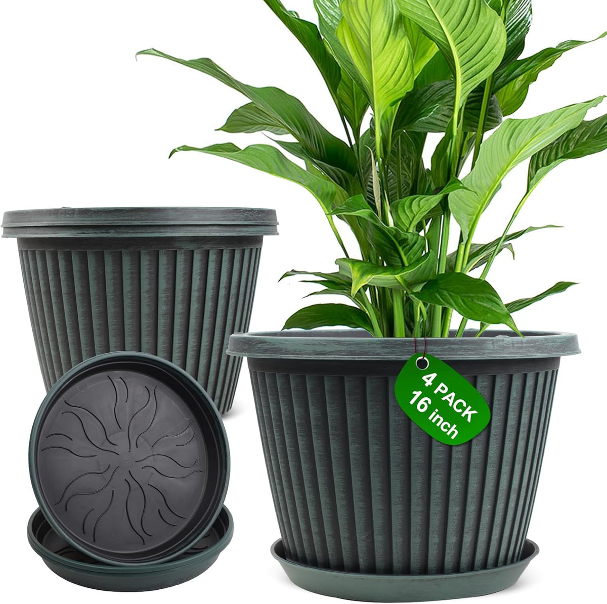 Large-Planter-Indoor-Outdoor Plant Pots, 16 inch 4 Pack Plastic Flower Pots with Saucer and Drainage Holes, Modern Garden Planters for Planting Medium Large Plants, Decorative Resin Garden Pots