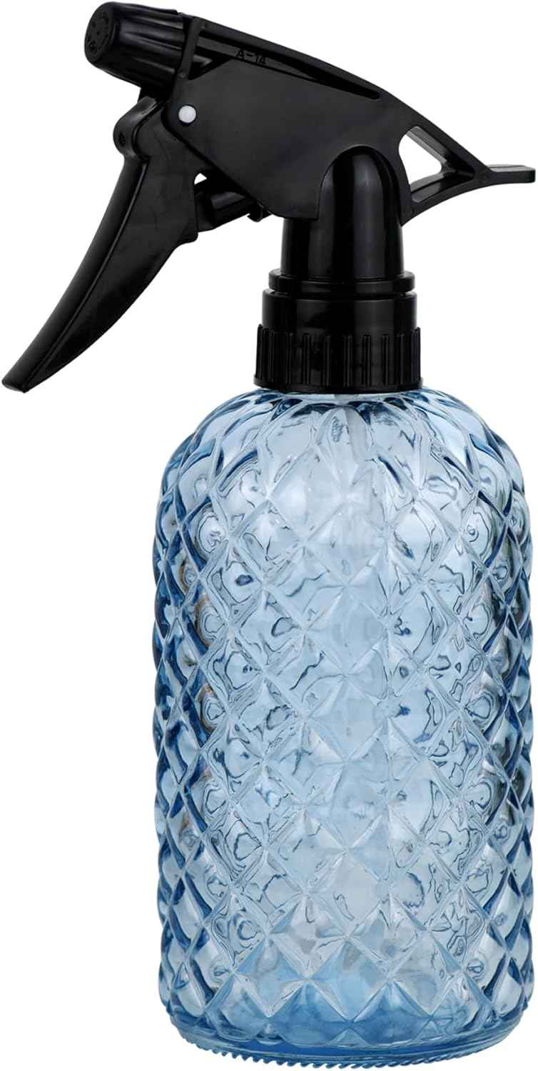 Glass Handheld Spray Bottle - 12oz Refillable Bottle ,Adjustable Nozzle Watering Can for Garden Plants Cleaning Solutions (Blue)