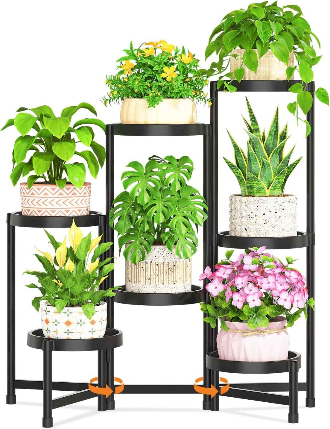 LASZOLA 7 Tiered Folding Plant Stand Indoor for Multiple Large Planter, Tall Heavy Duty Adjustable Rack with Rust Proof Plastic Shelving, Sturdy Vertical Tree Organizer for Narrow Inside Floor, Black