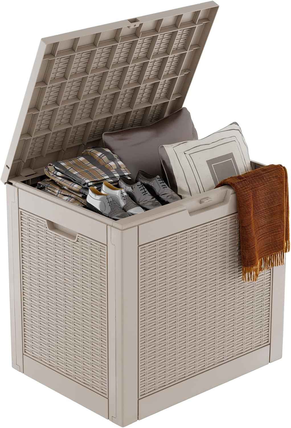 DRATO 31 Gallon Deck Box, Outdoor Storage Box for Patio Cushion, Sports Equipment, Garden Tools, Waterproof Resin Storage Box (Light Brown)