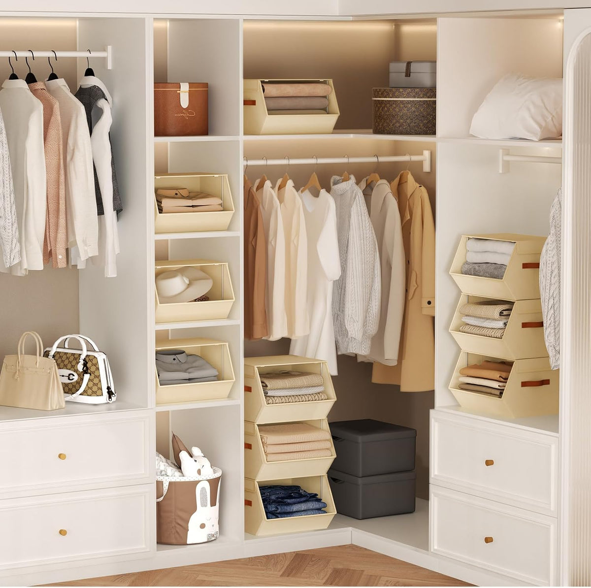 Stackable Closet Organizers and Storage Bins, Open Front Closet Shelf Organizer System With Steel Frame, Clothes Storage Basket Fabric, Collapsible Closet Drawers for Wardrobe, Nursery ,Toy, 4 Pack - Field & Nook