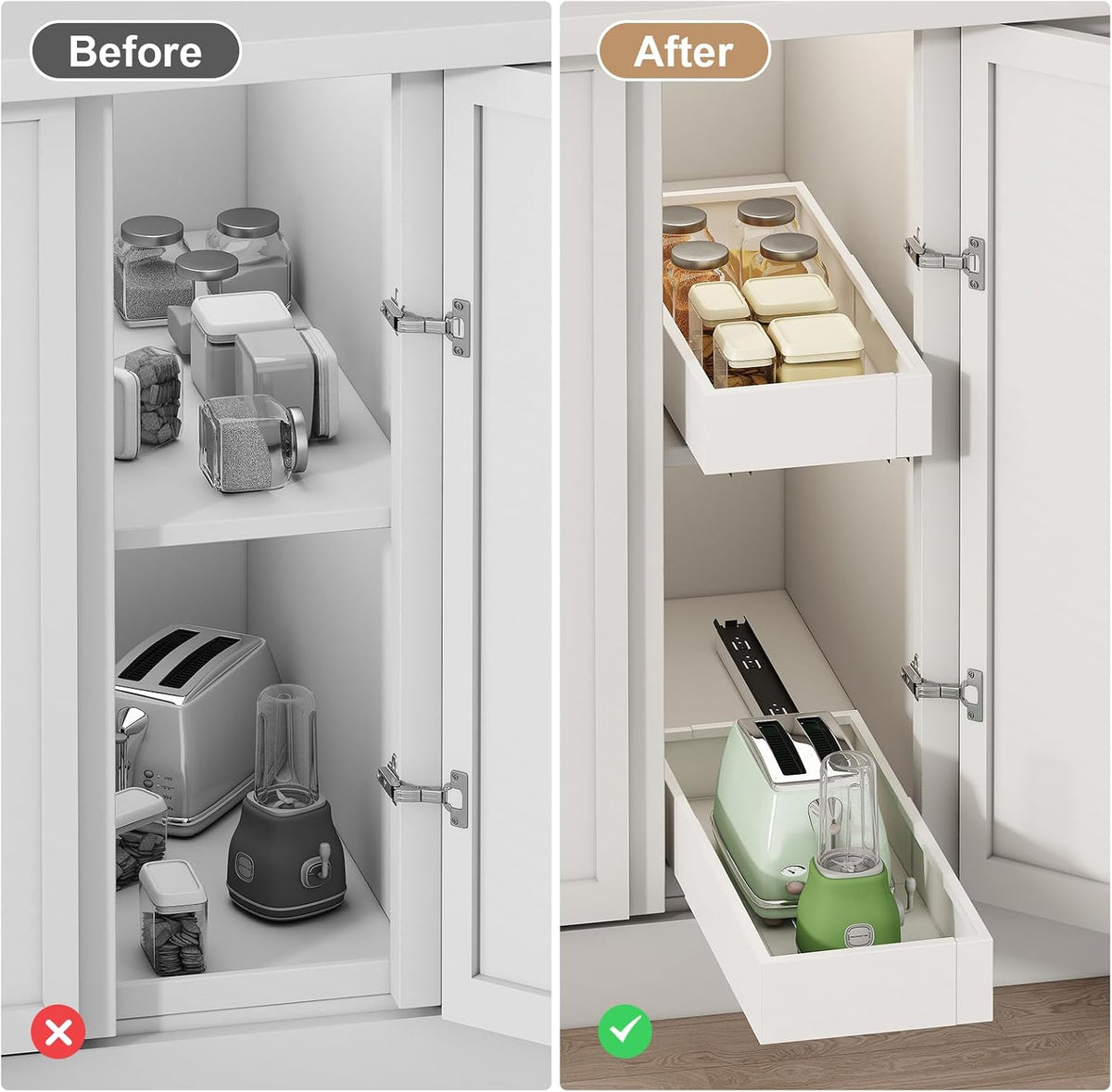 Fokyfok Pull out Cabinet Organizer,7"-11"W, 17"-24"D,Expandable,Adhesive | No Drill,Roll out Drawers,Adjustable Slide out Shelves for Kitchen,Pantry,Framed and Framless Cabinets,White,1PC - Field & Nook