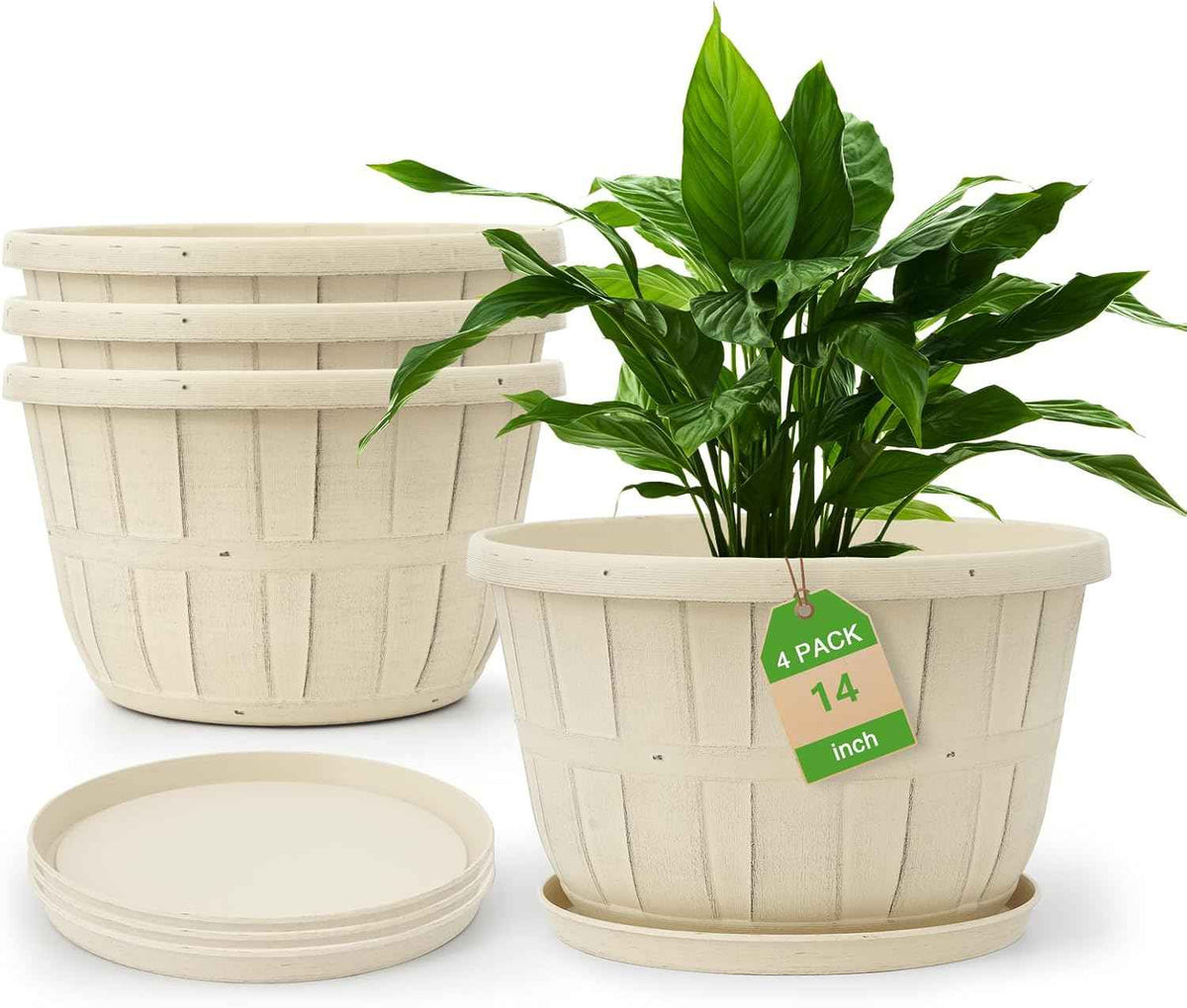 Quarut 14 Inch Plastic-Flower-Pot-for-Indoor-Plants, 4 Pack Large Outdoor Planter Pot with Drainage Holes & Saucers, Resin Decorative Garden Pots Planters(White)