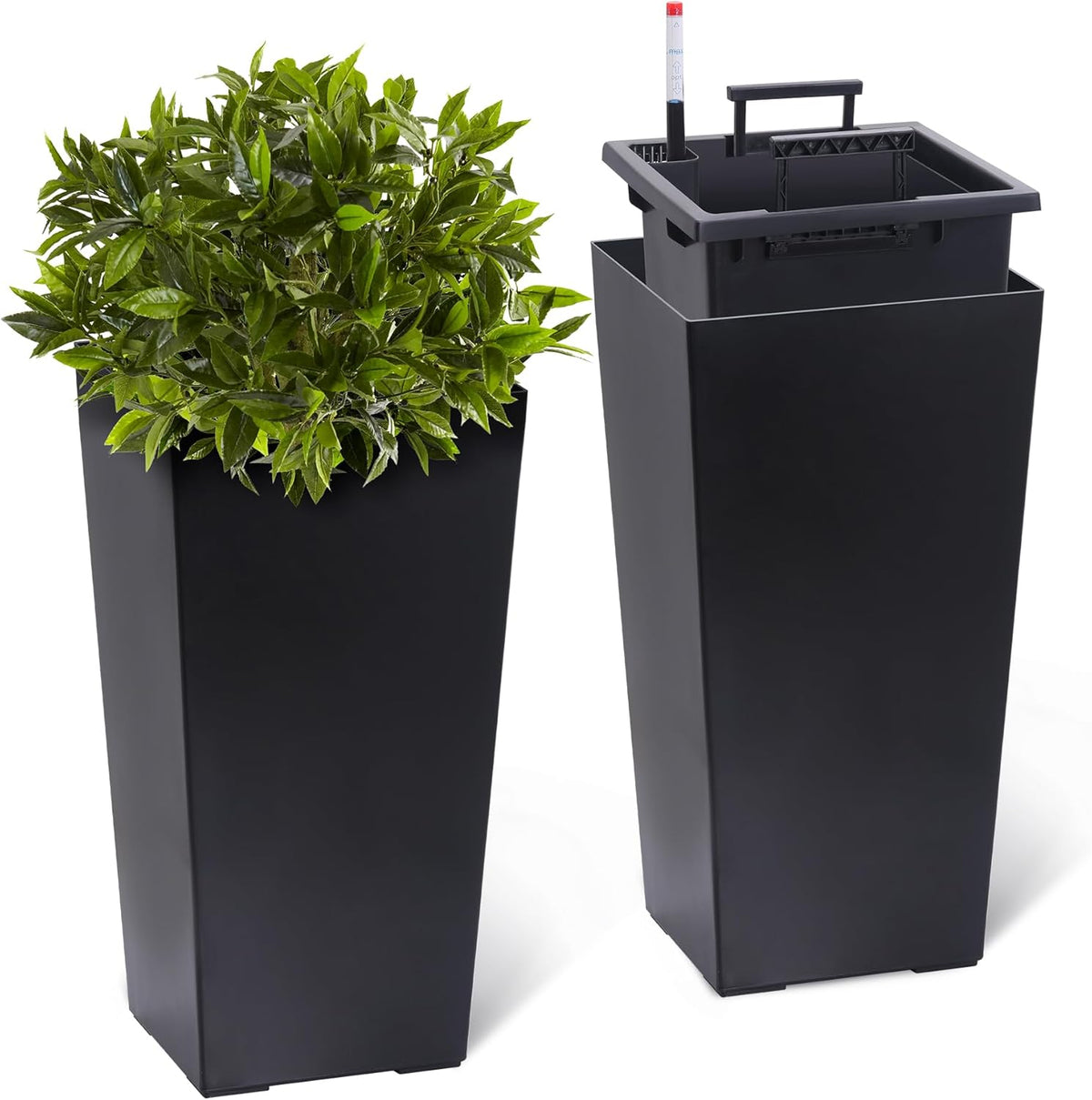 22.5" Tall Planters Set of 2, Outdoor&Indoor Black Planter Pots, High Front Porch Planter Pots with Drainage Holes&Water Level Monitor&Inner Bucket, Automatic Watering, Black