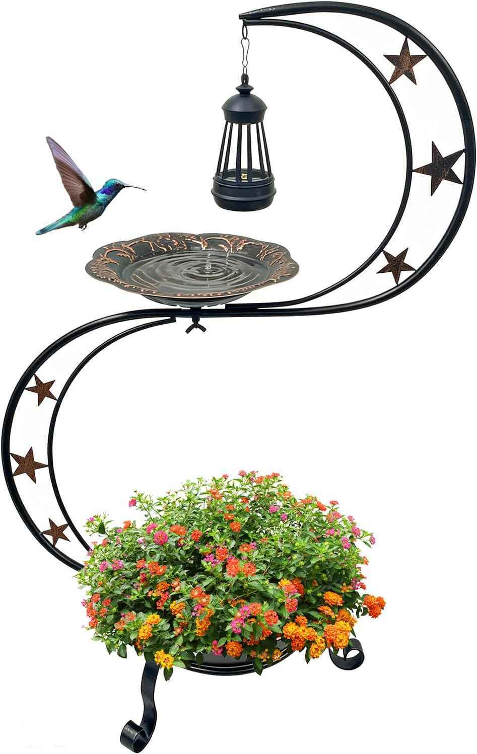 Solar Bird Bath for Outside, Vintage Metal Bath Bowl Standing Birdbaths with Flower Planter for Garden Yard Lawn Decor