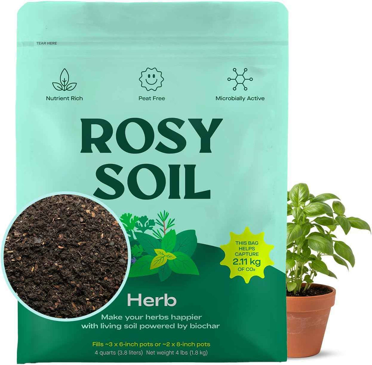 Rosy Soil Herb Mix - Organic Potting Mix for Herbs - Enriched with Biochar, Worm Castings for Root Development, Nutrient Uptake, and Strong Flavor - Fast Draining, Peat Free, Less Prone to Gnats - 4qt