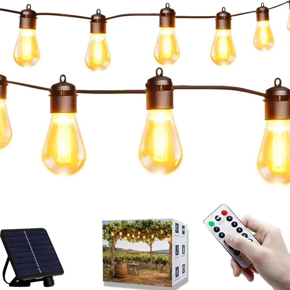 Honche Solar Lights Outdoor Waterproof IP65 with 20 LED Edison Bulb Patio Lights String Lights 49FT Warm White Solar Powered for Bedroom Christmas Camping Wedding Birthday Backyard Gazebo Party