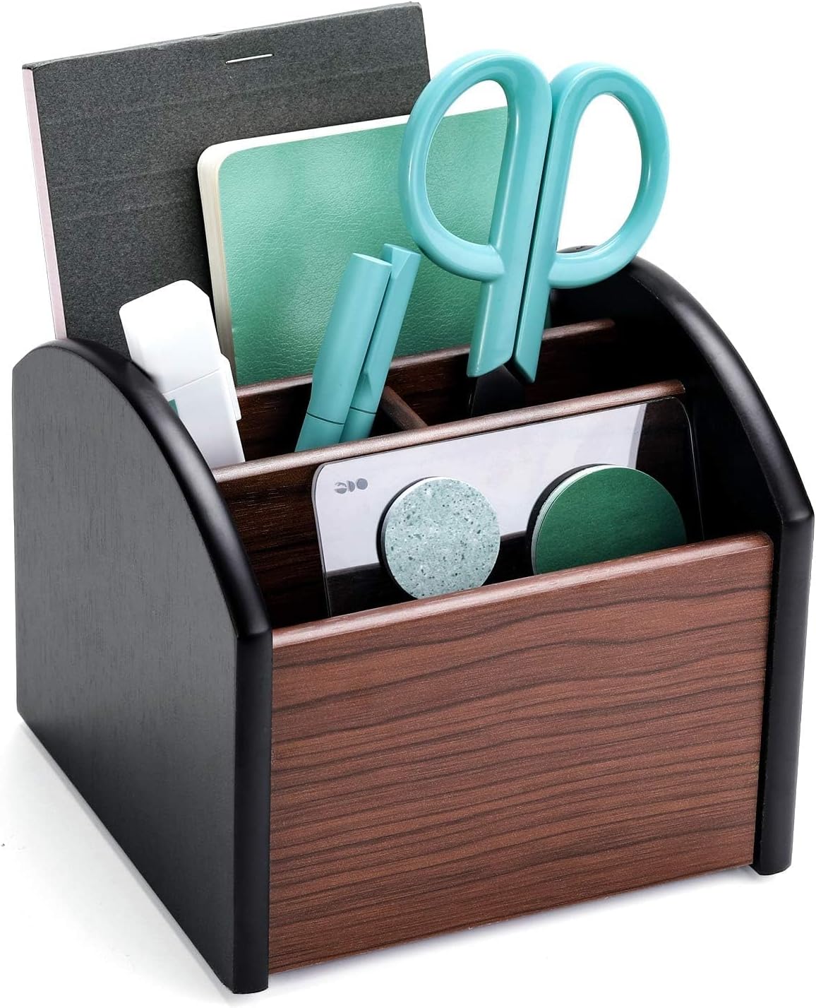 Rotating Remote Control Caddy – Four-Compartment Wood Organizer