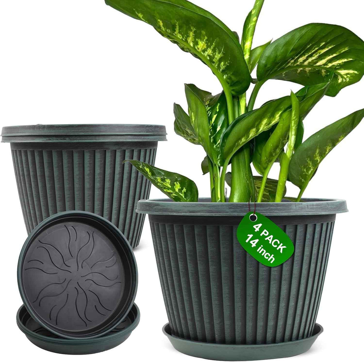 Large-Planter-Indoor-Outdoor Plant Pots, 14 inch 4 Pack Plastic Flower Pots with Saucer And Drainage Holes, Modern Garden Planters For Planting Medium Large Plants, Decorative Resin Garden Pots