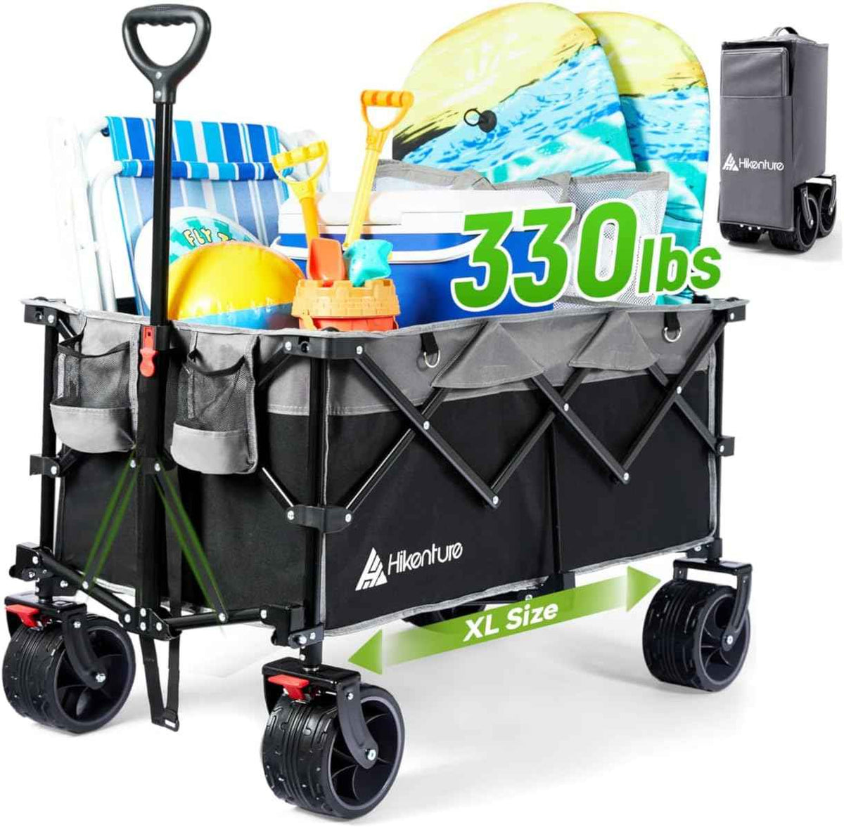 Hikenture Collapsible Wagon Cart, 330lbs Capacity Beach Wagons with Big Wheels for Sand, Heavy Duty Foldable Cart with Brakes, Portable Utility Folding Garden Cart for Outdoor