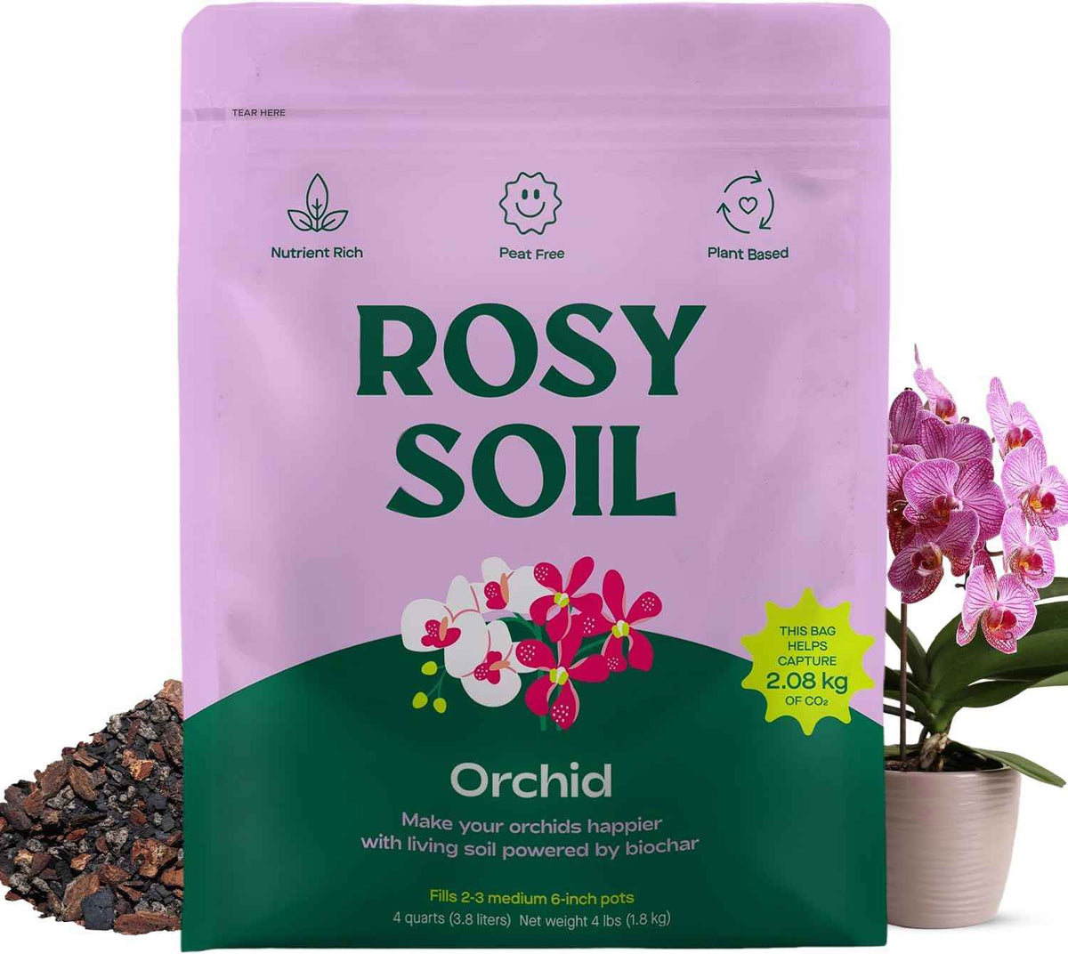 Rosy Soil Orchid Soil Potting Mix - Superior Aeration & Drainage for Orchids - Peat-Free, Microbially Active Biochar Powered Soil for Orchid Plants - Ideal for Indoor Gardening - 4 Quarts