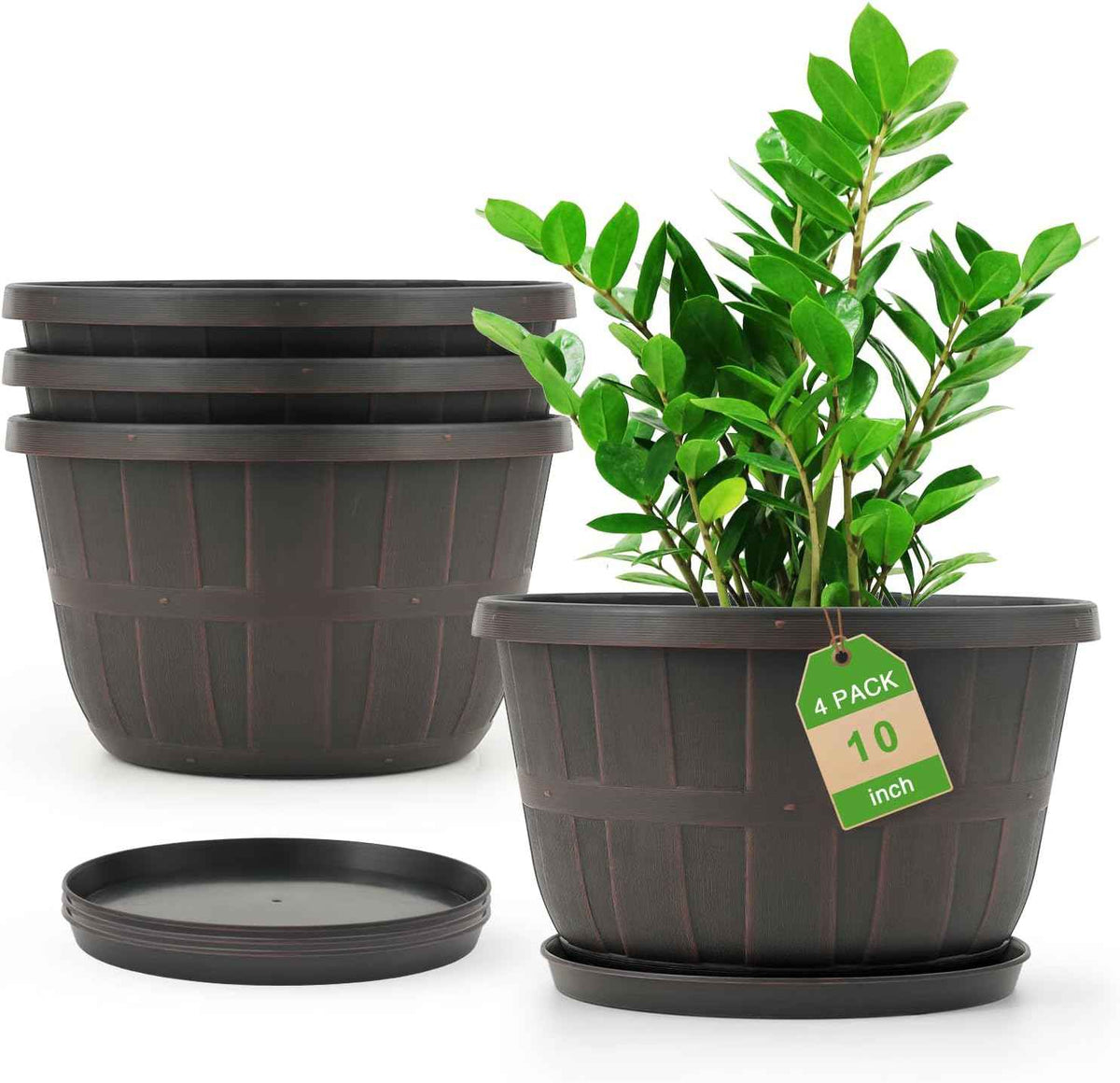 Quarut 10 inch Plastic Flower Pots for Outdoor Plants,4 Pack Large Outdoor Planter Pot with Drainage Holes & Saucers,Imitation Wine Barrel Design,for Indoor Outdoor Garden Plants(Brown)