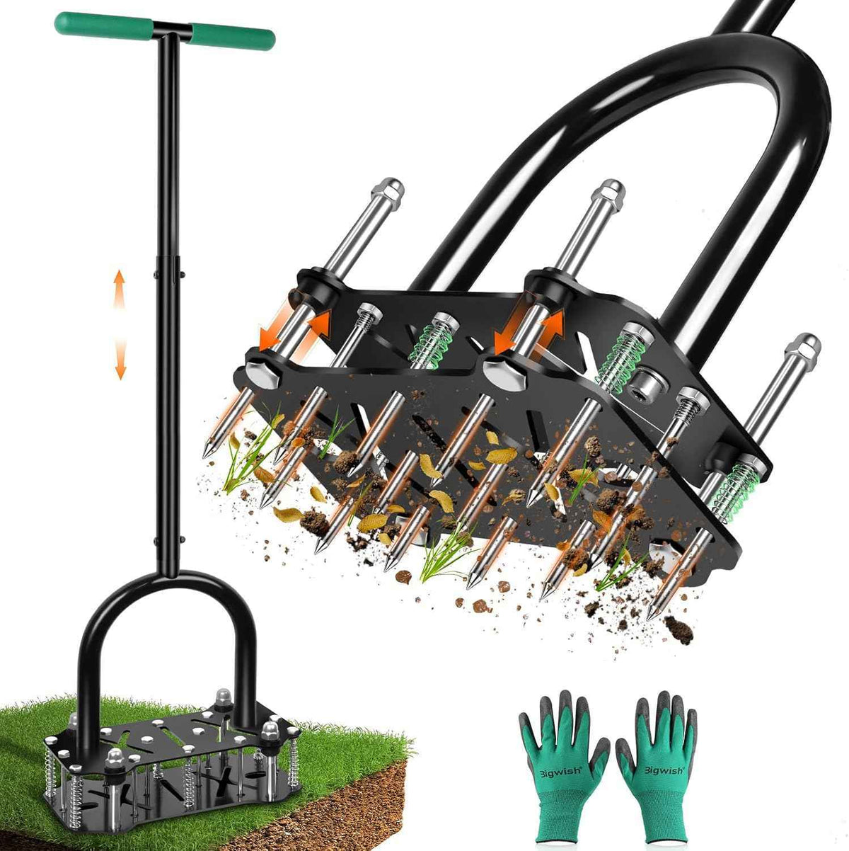 Adjustable Lawn Aerator Tool with Rebound Spring – 16 Sharp Metal Spikes Soil Aerator with Ergonomic T-Handle & Wide Foot Plate, Heavy Duty Yard Lawn Aerator for Garden Lawn Care