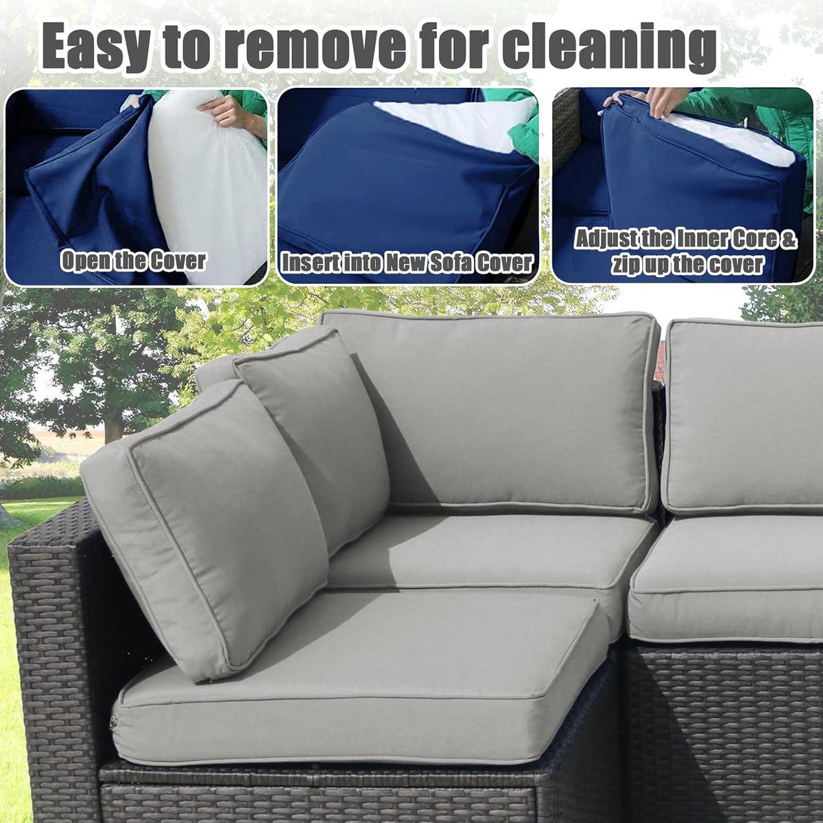 14 Piece Patio Cushion Covers Replacement Splashproof Fade Resistant Outdoor Sofa Slipcovers with Zippers for Sectional, Chair Deck Porch Furniture Protector (Light Gray,23.6x23.6x3.94 Inches)
