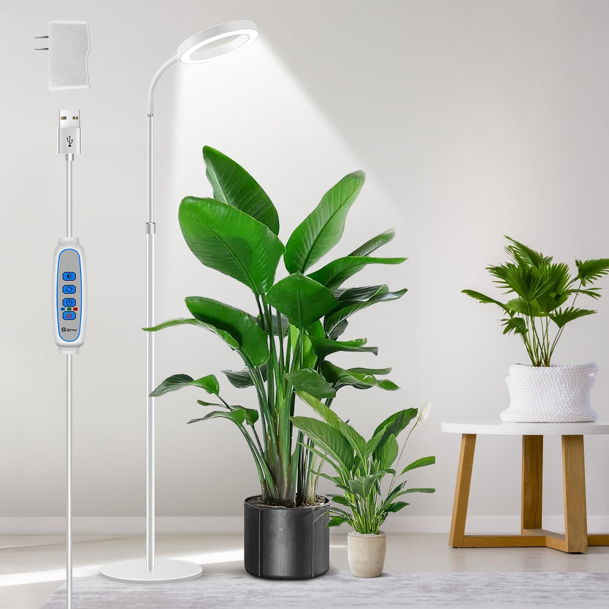 Floor Grow Lights for Indoor Plants, Full Spectrum Plant Light with 68" Stand for Growing Large Tall Plants, White Halo Grow Lamp with 6/12/16H Timer, 3 Light Modes, 5 Dimming