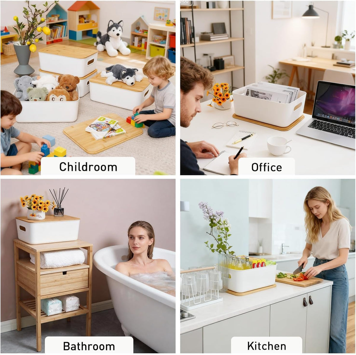 Citylife Storage Bins with Bamboo Lids 16QT Plastic Storage Containers Stackable Organizer Boxes with Handle for Desk Snacks, Toys, 2 PCS, 15" L x 10.6" W x5.8 H - Field & Nook