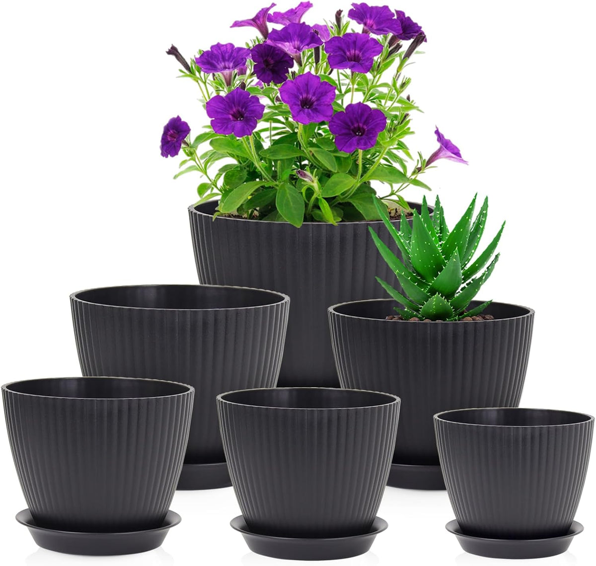 7/6.2/5.5/5/4.5/4 inch Flower Pots, 6 Pack Plant Pots for Small Indoor Outdoor Plants, Plastic Planters with Drainage Holes and Saucers for Garden Succulent House Plants, Black