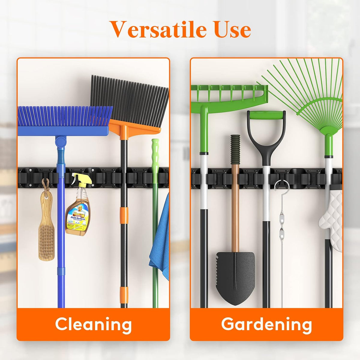 Lifewit Mop and Broom Holder Wall Mount, Anti-Slip Broom Hanger for Cleaning Supplies Organizer, Easy Install Tool Hanging Rack for Closet, Kitchen, Garage, 5 Slot 6 Hooks, Hold 30lbs, Black, 1 Pack | Anti-Slip Broom Storage for Cleaning Organizer, Eas... - Field & Nook