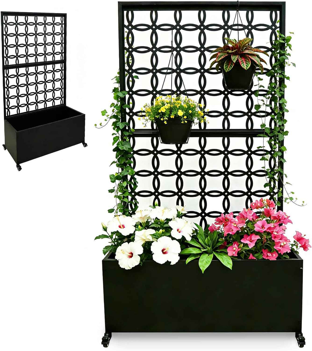 Metal Raised Garden Bed with Trellis and Wheels, 70"x35"x15" Large Planter Box for Climbing Plants & Vegetables, Outdoor Rolling Planter with Drainage Holes and Privacy Screen (Black)