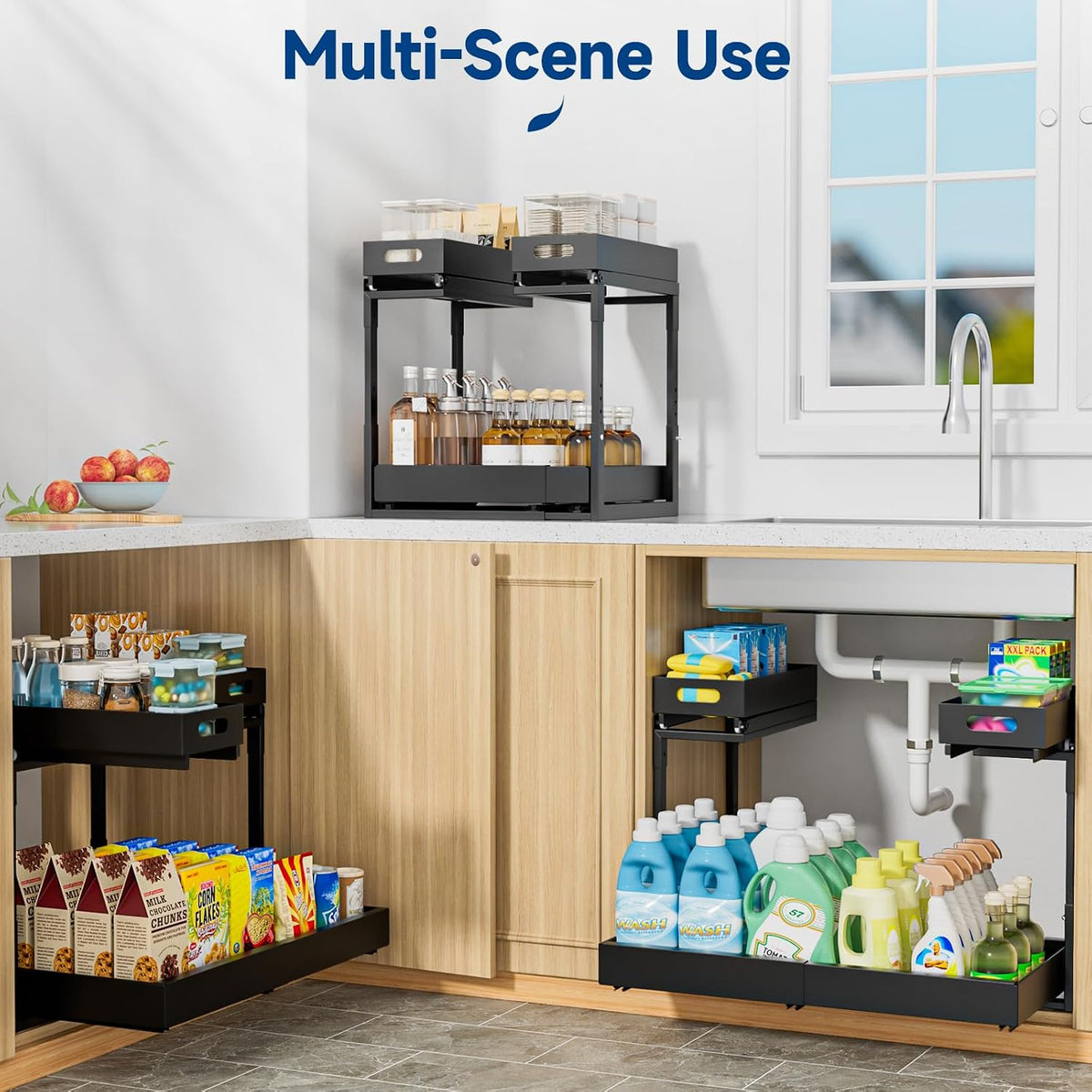 Insputer Upgrade Expandable Under Sink Organizer, 2 Tier Metal Under Cabinet Storage with 3 Slide Rails, Height Adjustable, Thickened Pull Out Drawer Shelf for Bathroom, Kitchen, Laundry, Pantry - Field & Nook
