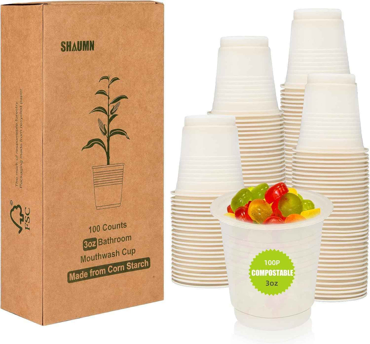 3 oz Compostable Disposable Bathroom Mouthwash&Rinse Cups,100pcs Small Snack Cups for Kids,Mini Drinking Cups for Party,Office, Picnic, BBQ