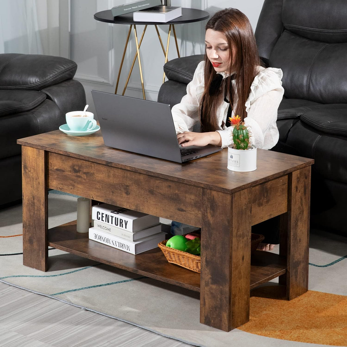 FDW 39.4" Lift Top Coffee Table with Hidden Storage, Brown