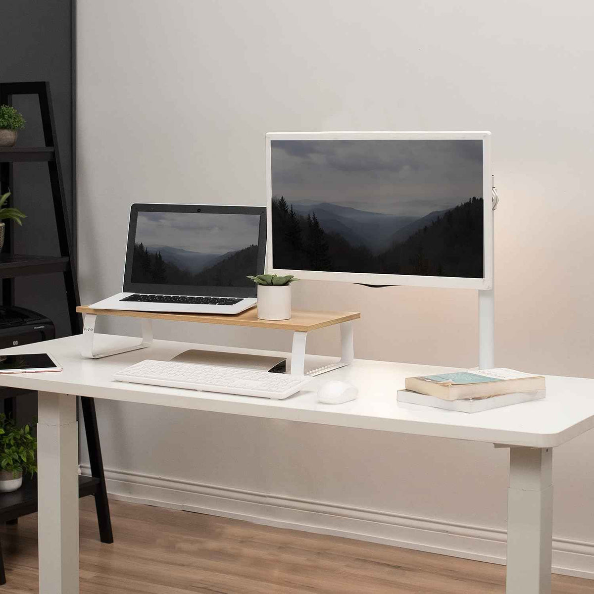 VIVO 24 inch Monitor Stand, Wood and Steel Desktop Riser, Screen, Keyboard, Laptop, Small TV, Ergonomic Desk and Tabletop Organizer, Light Wood, STAND-V000WM