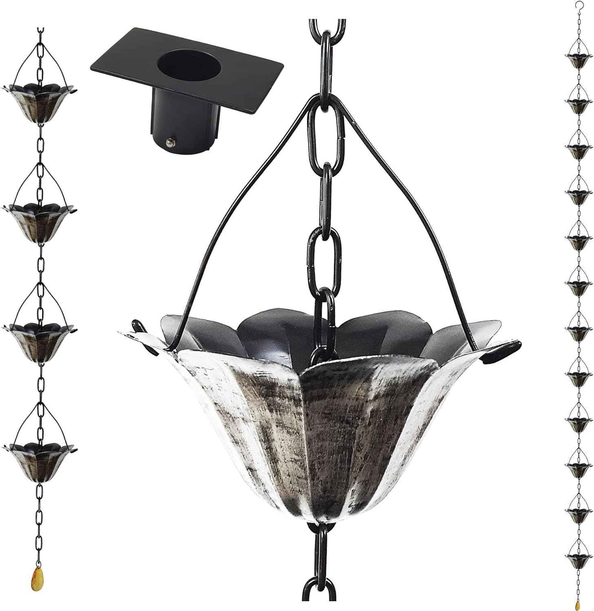 8.5FT Lotus Antique Silver Color Iron Rain Chains for Gutter and Rain Barrel, Rust-Resistant Plated Garden Décor Rain Chain for Downspout, Bonus Rain Chain Gutter Adapter