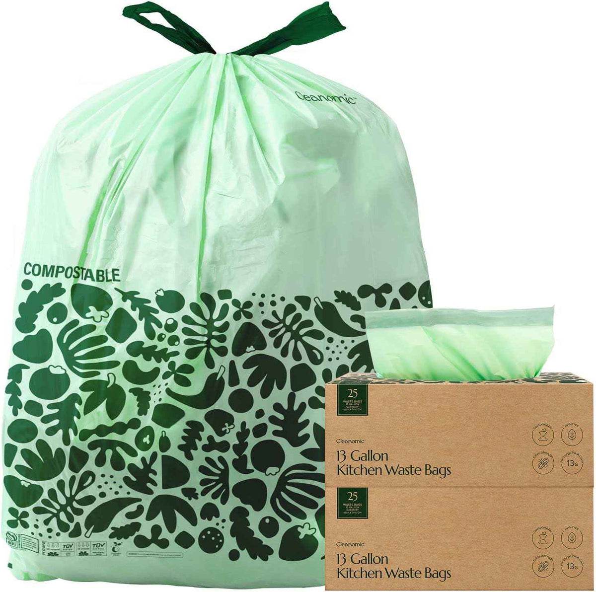 Cleanomic Compostable* 13 Gallon Trash Bags with Drawstring (2 Pack, 50 Count), BPI Certified For Kitchen Compost