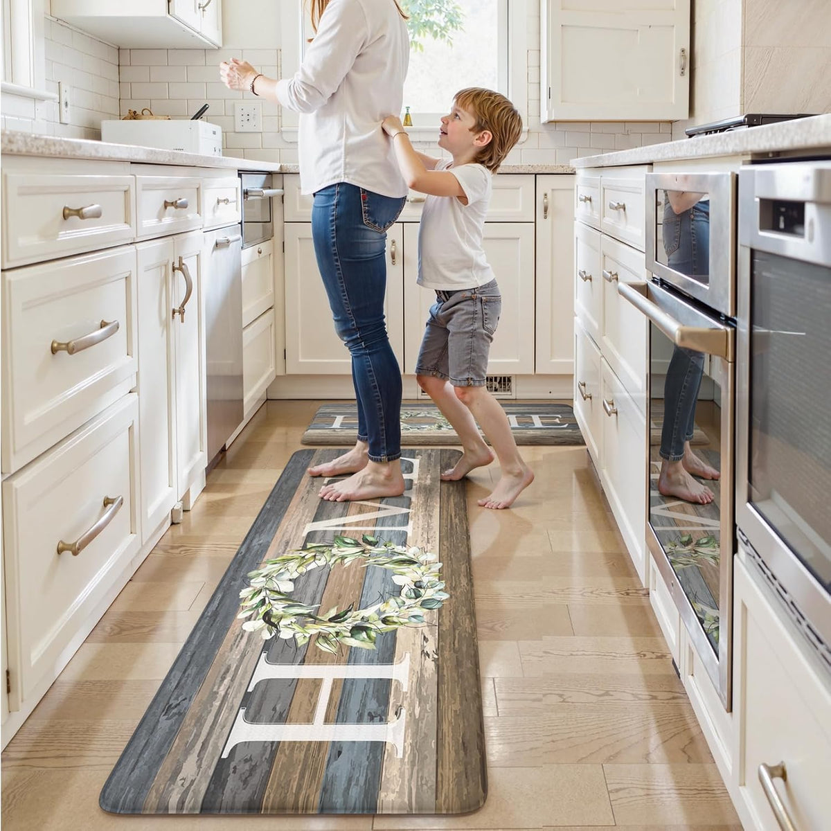 KIMODE Kitchen Mats 2PCS Cushioned Anti Fatigue Kitchen Mats for Floor | 17.3"x 47"+17.3"x 29",Farmhouse, Blue,Non Slip Waterproof Sink Rug Set 2 Comfort Standing Desk Mat for Office Laundry Home
