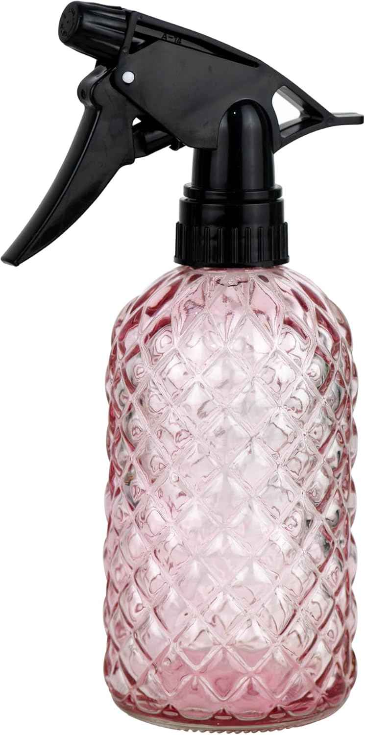 Glass Handheld Spray Bottle - 12oz Refillable Bottle ,Adjustable Nozzle Watering Can for Garden Plants Cleaning Solutions (Pink)