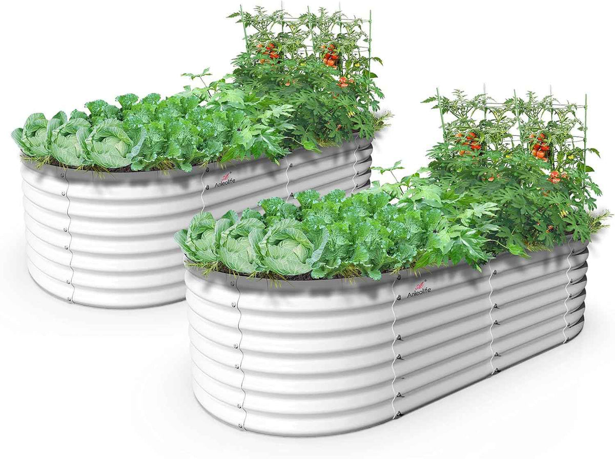 A ANLEOLIFE 6X3X2 ft Galvanized Raised Garden Beds Outdoor-2 Pack, Oval Large Metal Deep Root Planter Box for Planting Vegetables Flowers Herb, Anti-Rust & Easy-Setup, Antique White