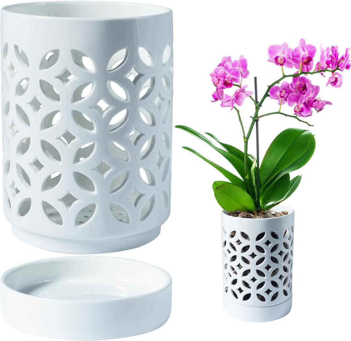 Orchid Pot with Holes & Saucers, Ceramic Pots for Repotting, Breathable Slotted Orchid Pots Flower Plant Nursery Pot White 4 Inch