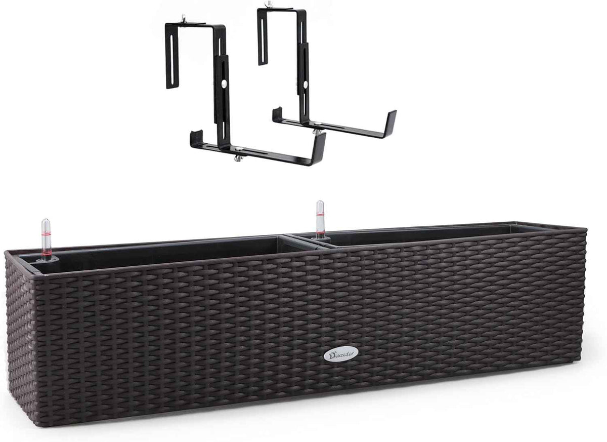 Dexceder 31.5 Inch Rattan Self Watering Planter Indoor Outdoor, Thickened Large Rail Flower Plant Pot Window Box with Water Level Indicators & Bracket (Brown)