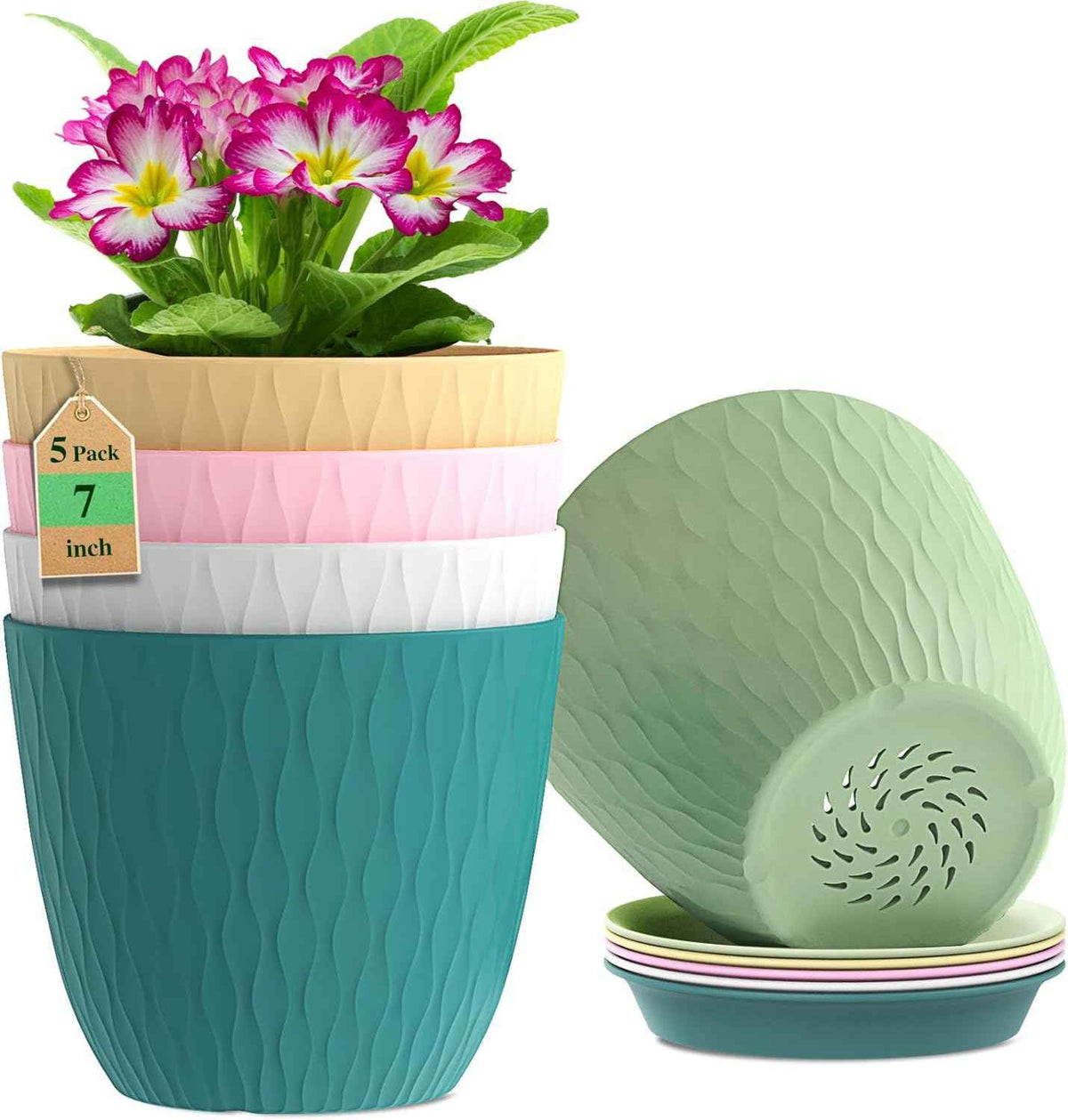 WSMKSZ 7 inch Plant Pots, 5 Pack Flower Pots with Drainage Holes and Saucers for Indoor Plants, Plastic Planters with Water Ripple for Small Garden House Plants, Nursery Pots for Succulent, Colorful
