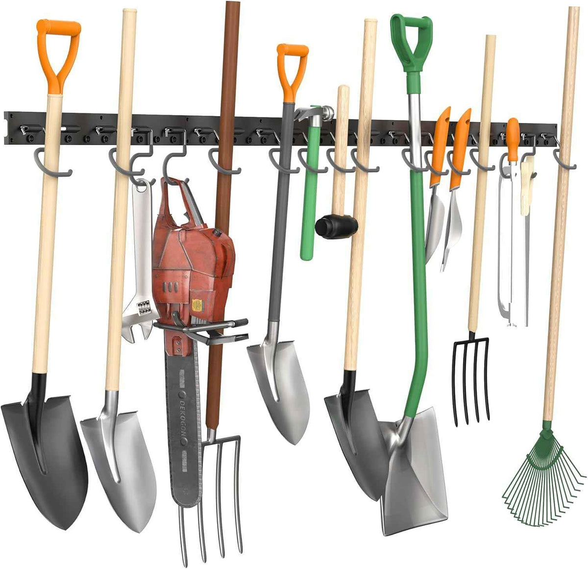 TORACK Plastic Wall Mounted Mop and Broom Holder, Garden Tools Organizer for Garage Wall, Yard Tool Storage Rack for Rakes, Shovels, Mops, Brooms (4 Tracks, 16 Hooks)