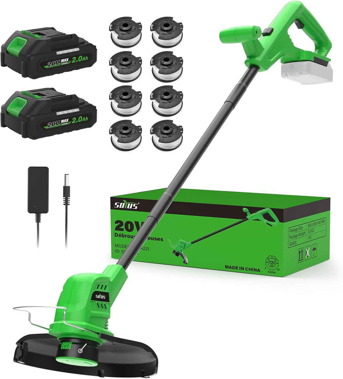Cordless Weed Wacker 20V, 2×2.0Ah Battery Powered String Trimmer with Charger, 10-Inch Electric Grass Trimmer Edger for Yard and Garden, Green