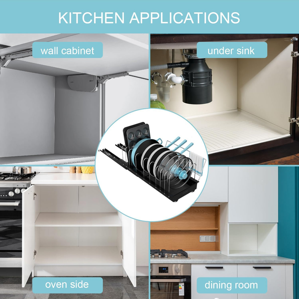 Pots and Pans Organizer Under Cabinet - 22" Deep Expandable | Pot Organizers inside Cabinet with 10 Adjustable Dividers & Handrail, No Drill Pot Lid Holder, Sliding Pot Lid Holder, 1 Pack - Field & Nook
