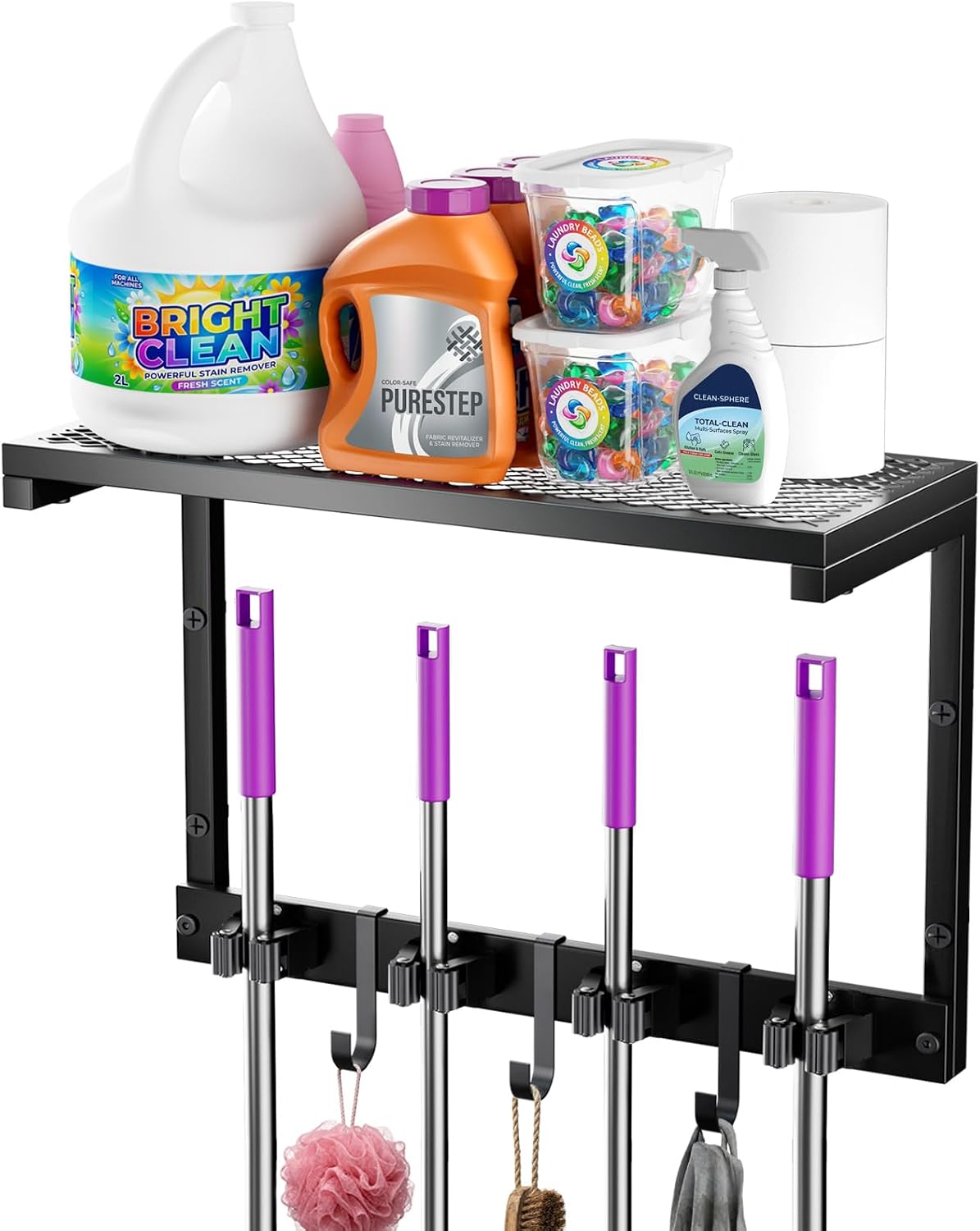 Heavy Duty Broom Holder Wall Mount – All-Metal Mop Rack with Storage Shelves - Field & Nook