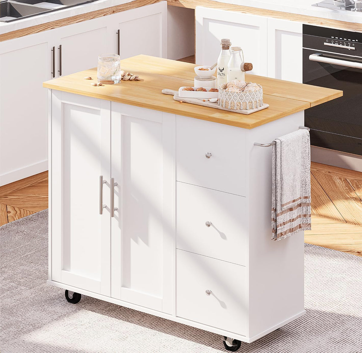 Rolling Kitchen Island – 39.7-Inch, Drop Leaf, Drawers & Cabinet