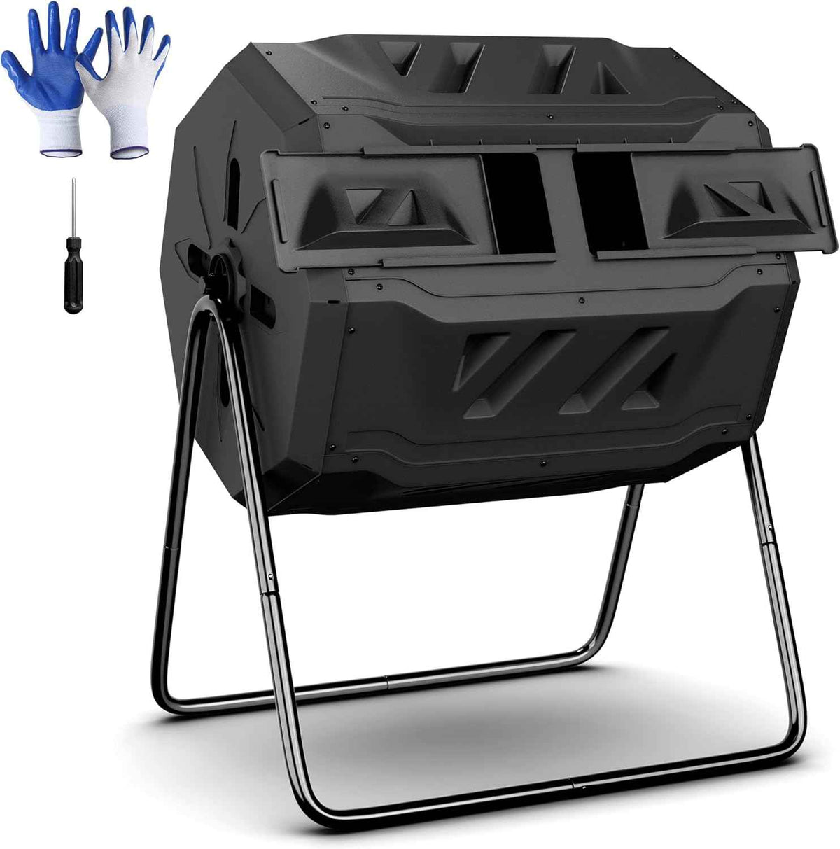 F2C Compost Bin Outdoor 43 Gallon Garden Dual Chamber Composter Bin - Bundled with Pearson's Gardening Gloves,BPA Free, Heavy-Duty Steel Frame, Rotating Tumbler with Sliding Doors | (Black)