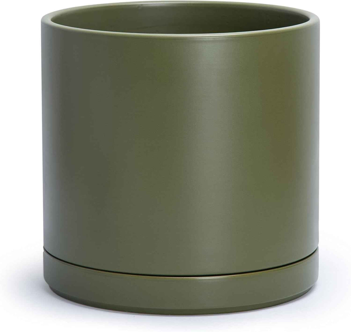 D'vine Dev 12 Inch Ceramic Planter Pot with Drainage Hole and Saucer, Indoor Cylinder Round Planter Pot, Olive, 94-O-F-J