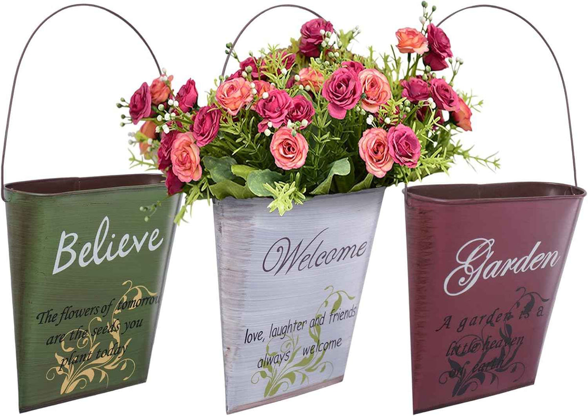 GDYOOSHOW 3Pcs 7.4" Tall Galvanized Metal Hanging Planter Rustic Wall Flower Bucket Echelon Wall Pot for Garden Balcony Indoor or Outdoor