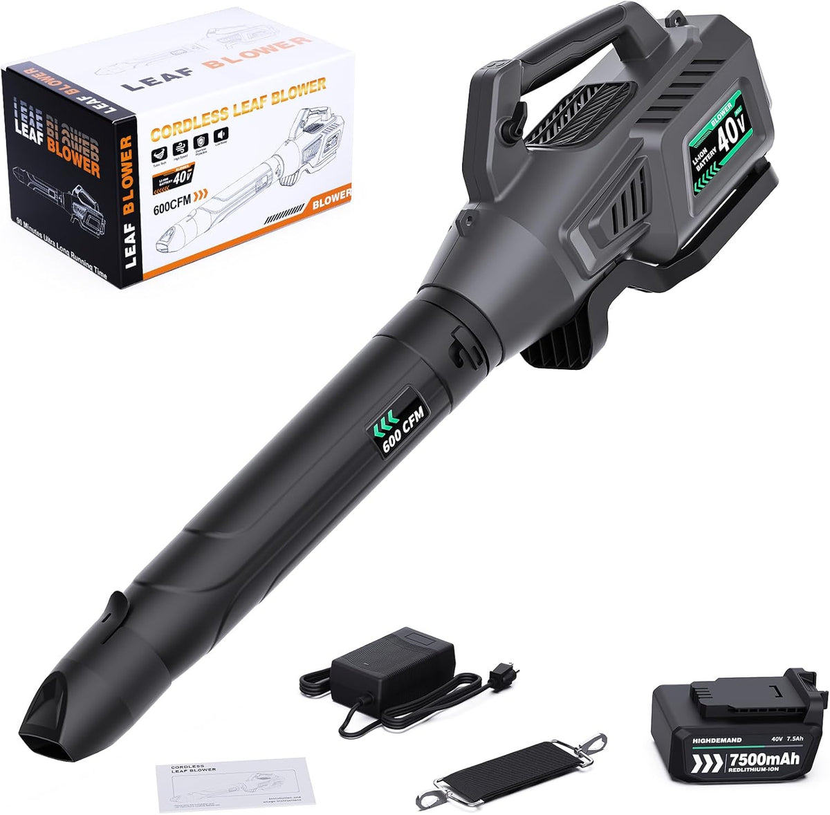 Leaf Blower Cordless, 40V 600CFM &180MPH Electric Leaf Blower with 7.5Ah Battery, Fast Charger and Extension Tube for Blowing Leaves Snow for Yard Garden Lawn Care, Grey