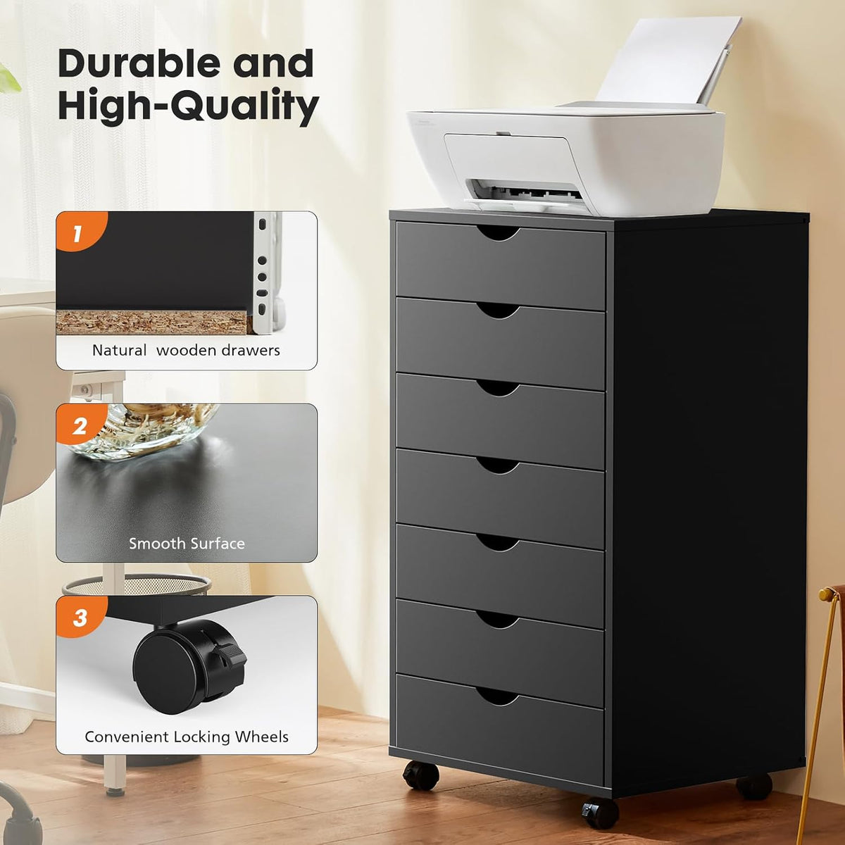 OLIXIS 7 Drawer File Cabinet on Wheels, Printer Stand | Fits Under Desks, Wood Storage Organization Holds Printer, Office Supplies, Not For Hanging Files, For Home Office Use Black - Field & Nook