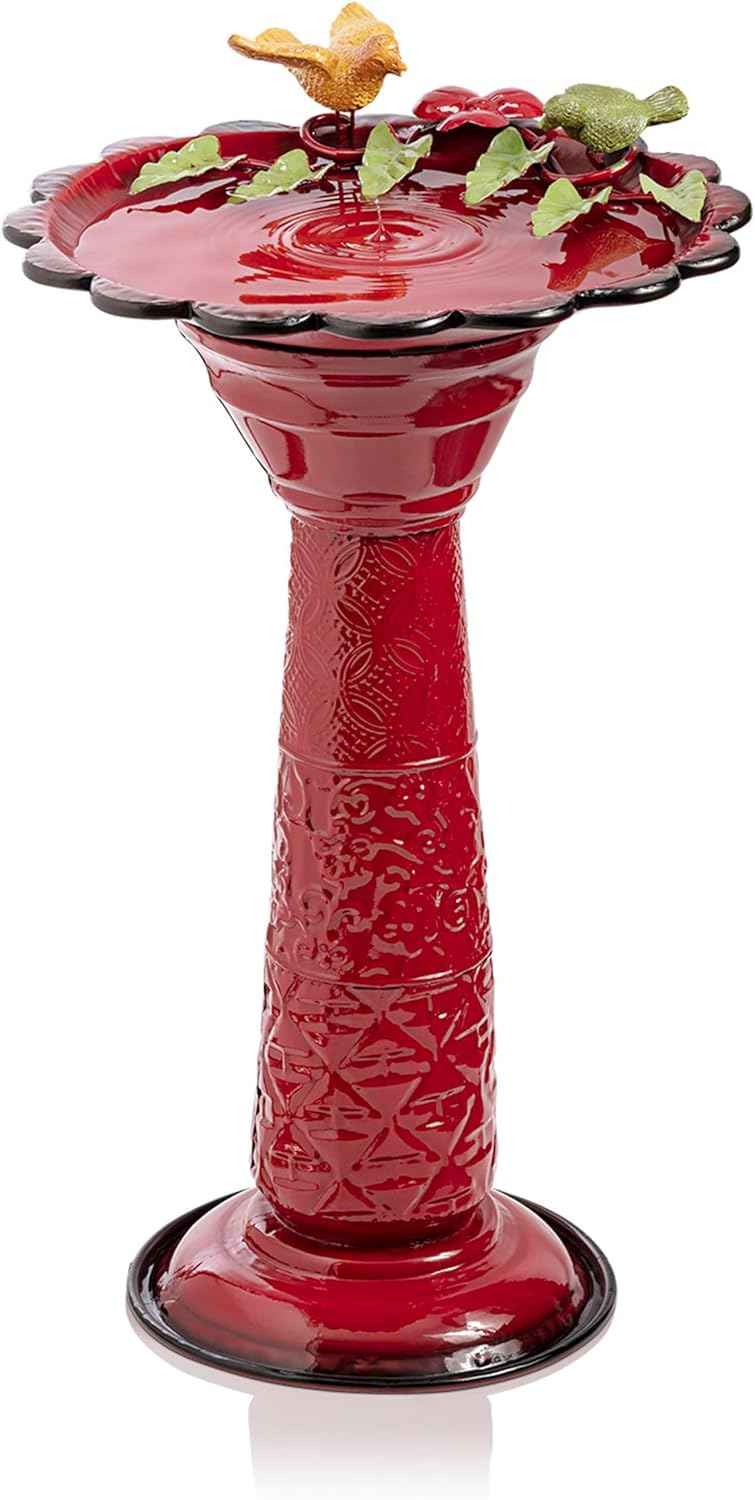 Alpine Corporation - 28" Tall Outdoor Metal Birdbath with Birds and Leaves Yard Statue Decoration, Red – Stunning Garden Accent to Attract Birds - Durable Construction for Patio, Deck, or Yard